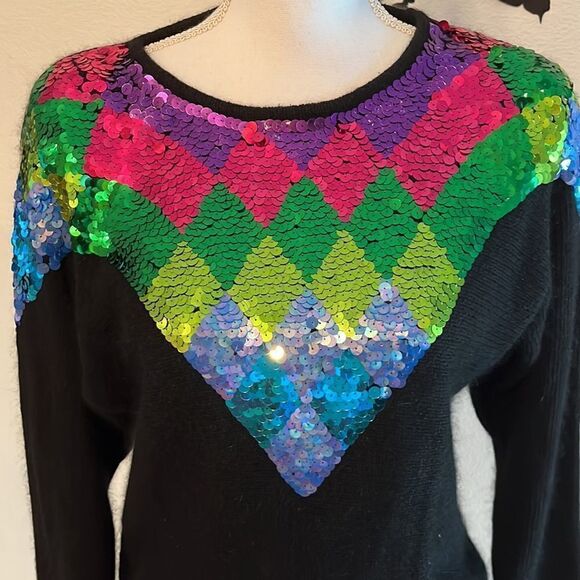 Vintage 90s Black Angora Blend Sequin Pullover Sweater Shoulder Pads Size S - Picture 2 of 14